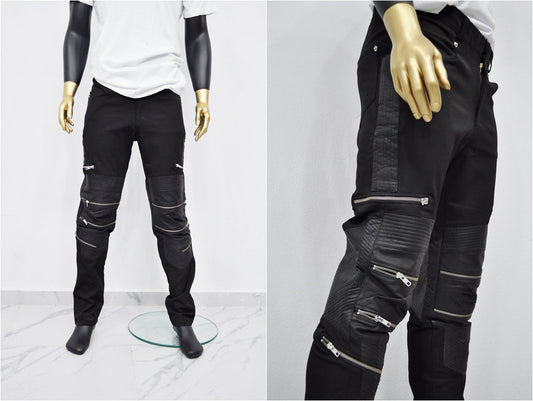 XXS - 8XL Men's Cotton with Faux Leather Biker Low Crotch Pants,False Zipper Knee,Cyberpunk Steampunk,Gothic,Streetwear Futuristic - BB202