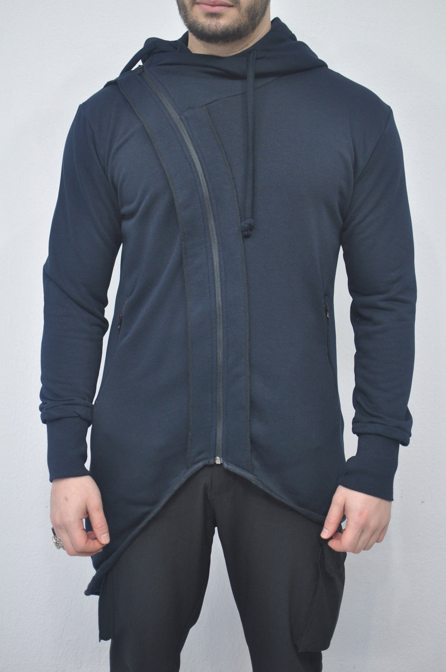 XS - 8XL Men Navy Steampunk Cyberpunk Asymmetric Zip-up Hooded Jacket Top,Gothic Hoodie,Fleece Fitted Streetwear Futuristic Clothing- BB0144