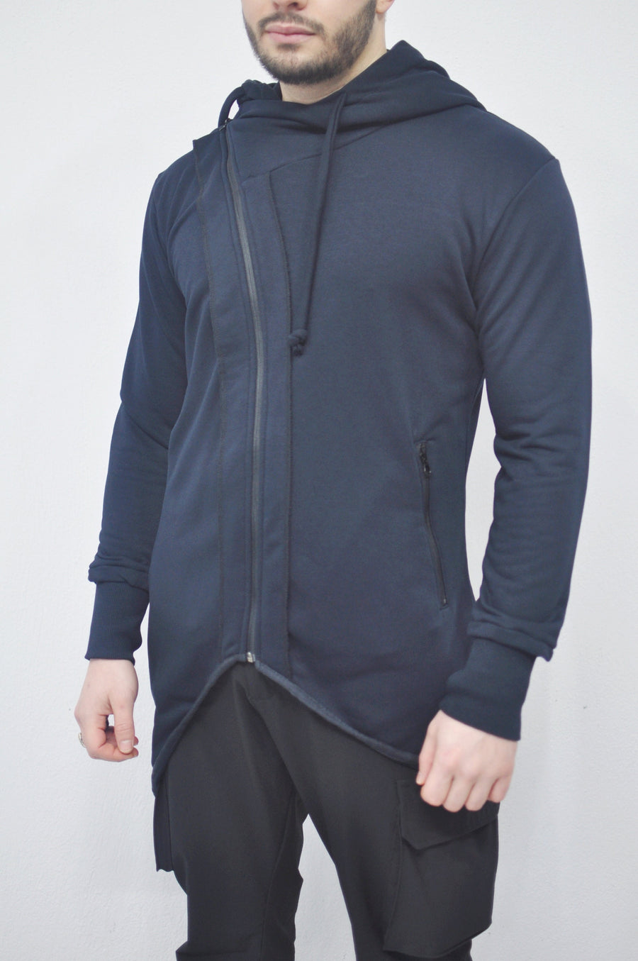 XS - 8XL Men Navy Steampunk Cyberpunk Asymmetric Zip-up Hooded Jacket Top,Gothic Hoodie,Fleece Fitted Streetwear Futuristic Clothing- BB0144