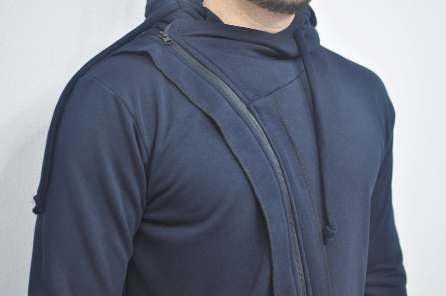 XS - 8XL Men Navy Steampunk Cyberpunk Asymmetric Zip-up Hooded Jacket Top,Gothic Hoodie,Fleece Fitted Streetwear Futuristic Clothing- BB0144
