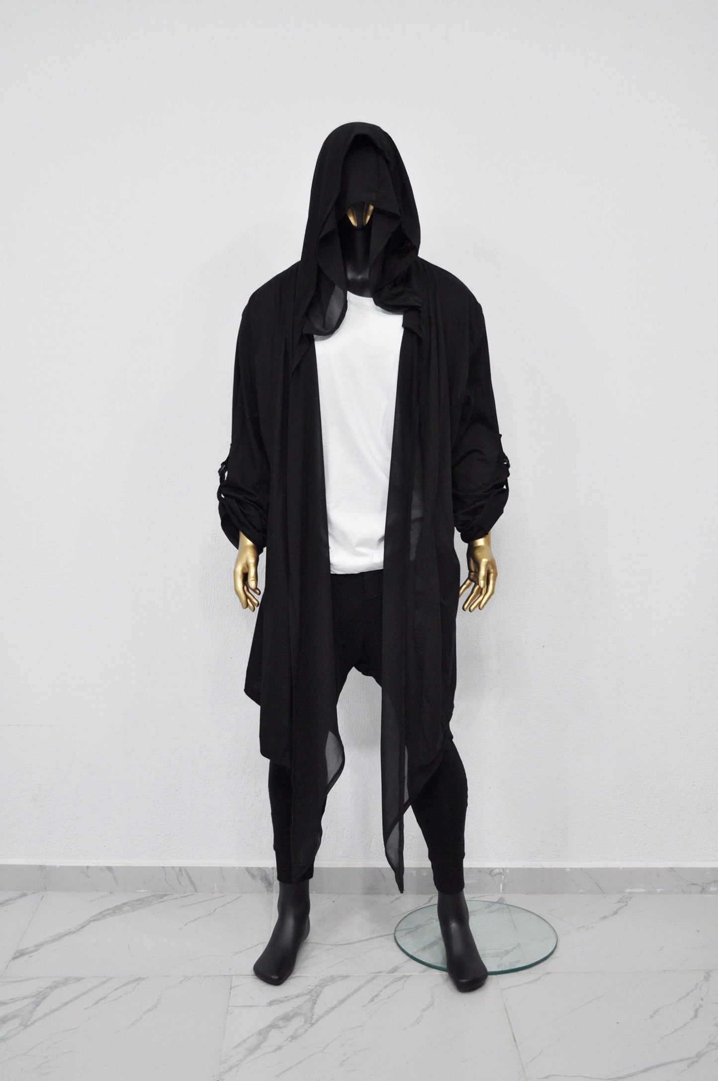 XS-8XL Men's Loose Overlong Whimsigoth Mesh Cardigan, Roll-up Sleeve,Rope Long Oversize Hood, Asymmetrical,Cyberpunk, Futuristic- BB0137