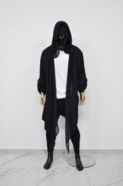XS-8XL Men's Loose Overlong Whimsigoth Mesh Cardigan, Roll-up Sleeve,Rope Long Oversize Hood, Asymmetrical,Cyberpunk, Futuristic- BB0137