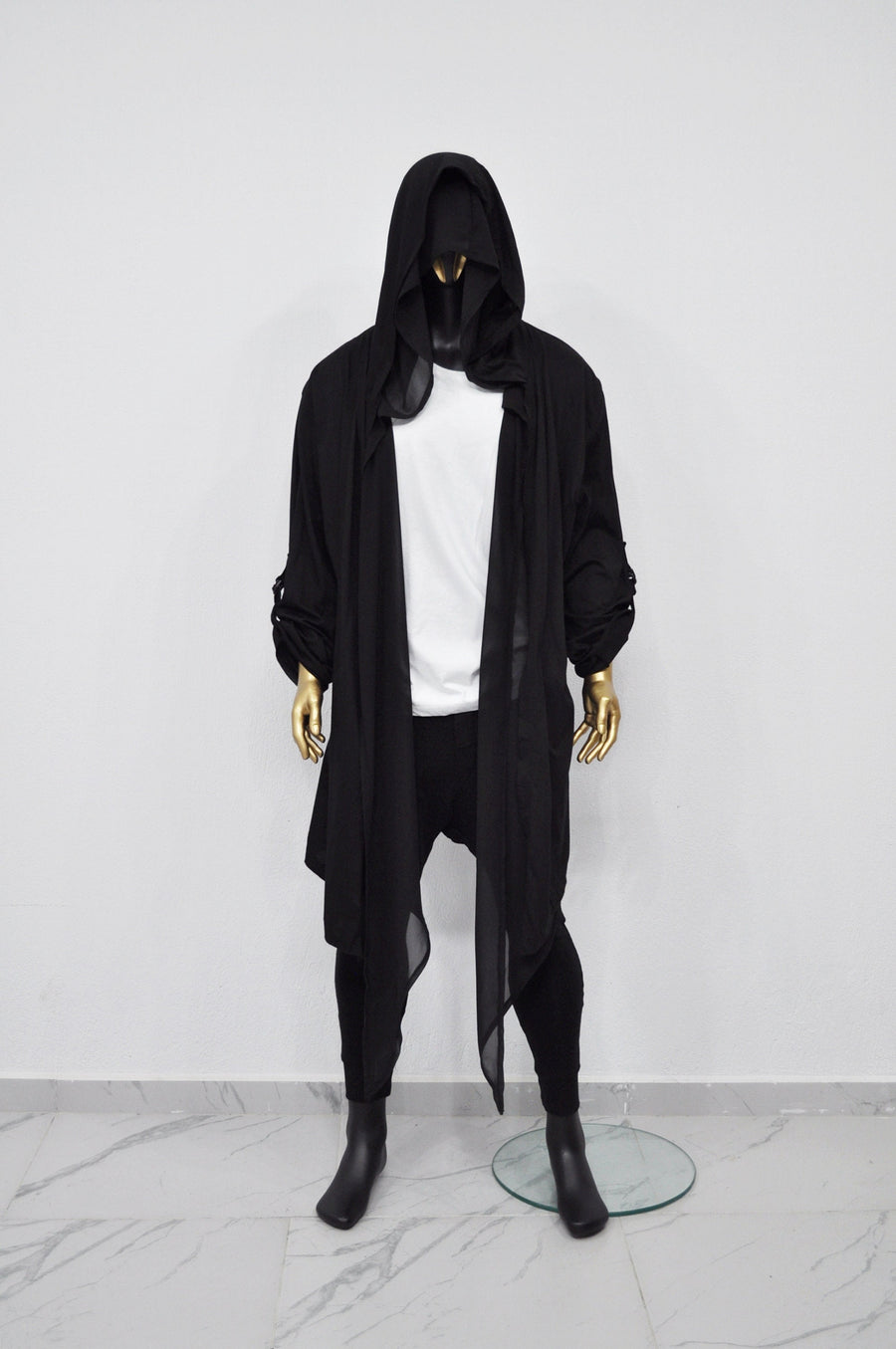 XS-8XL Men's Loose Overlong Whimsigoth Mesh Cardigan, Roll-up Sleeve,Rope Long Oversize Hood, Asymmetrical,Cyberpunk, Futuristic- BB0137