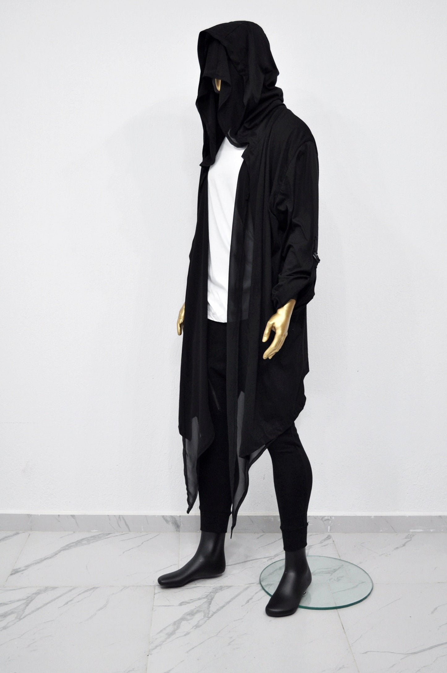 XS-8XL Men's Loose Overlong Whimsigoth Mesh Cardigan, Roll-up Sleeve,Rope Long Oversize Hood, Asymmetrical,Cyberpunk, Futuristic- BB0137