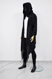 XS-8XL Men's Loose Overlong Whimsigoth Mesh Cardigan, Roll-up Sleeve,Rope Long Oversize Hood, Asymmetrical,Cyberpunk, Futuristic- BB0137