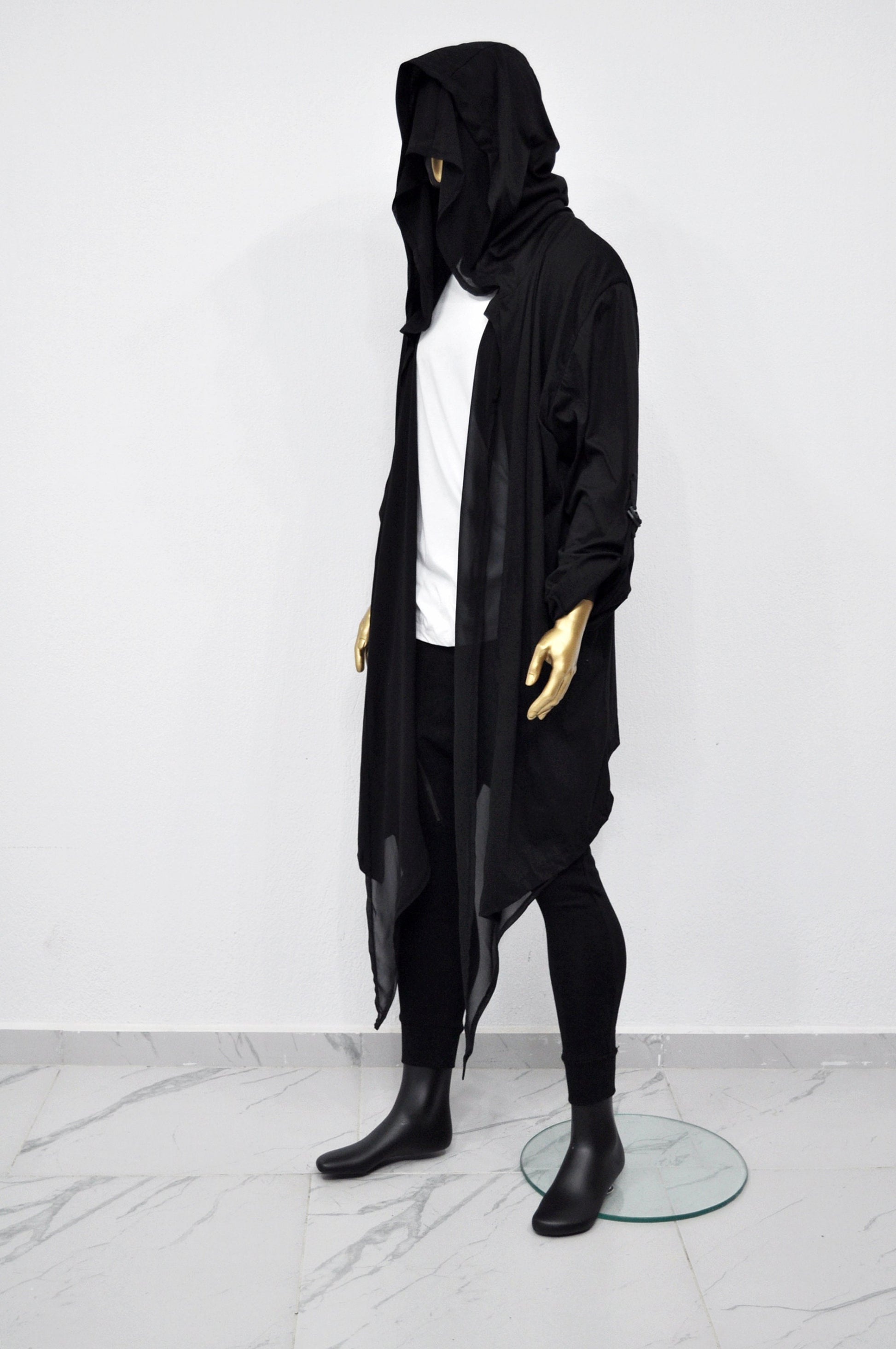 XS-8XL Men's Loose Overlong Whimsigoth Mesh Cardigan, Roll-up Sleeve,Rope Long Oversize Hood, Asymmetrical,Cyberpunk, Futuristic- BB0137