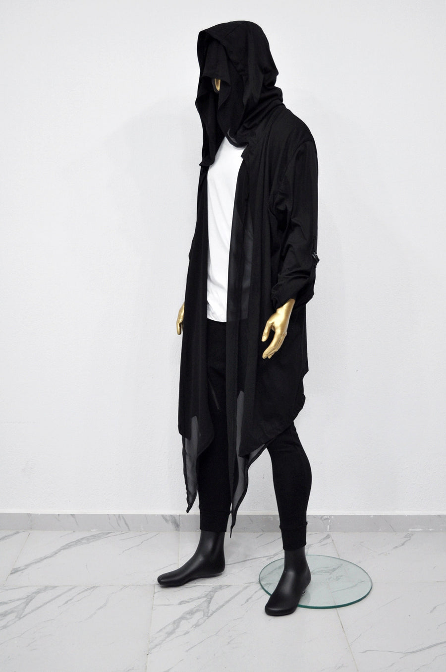 XS-8XL Men's Loose Overlong Whimsigoth Mesh Cardigan, Roll-up Sleeve,Rope Long Oversize Hood, Asymmetrical,Cyberpunk, Futuristic- BB0137