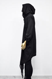 XS-8XL Men's Loose Overlong Whimsigoth Mesh Cardigan, Roll-up Sleeve,Rope Long Oversize Hood, Asymmetrical,Cyberpunk, Futuristic- BB0137