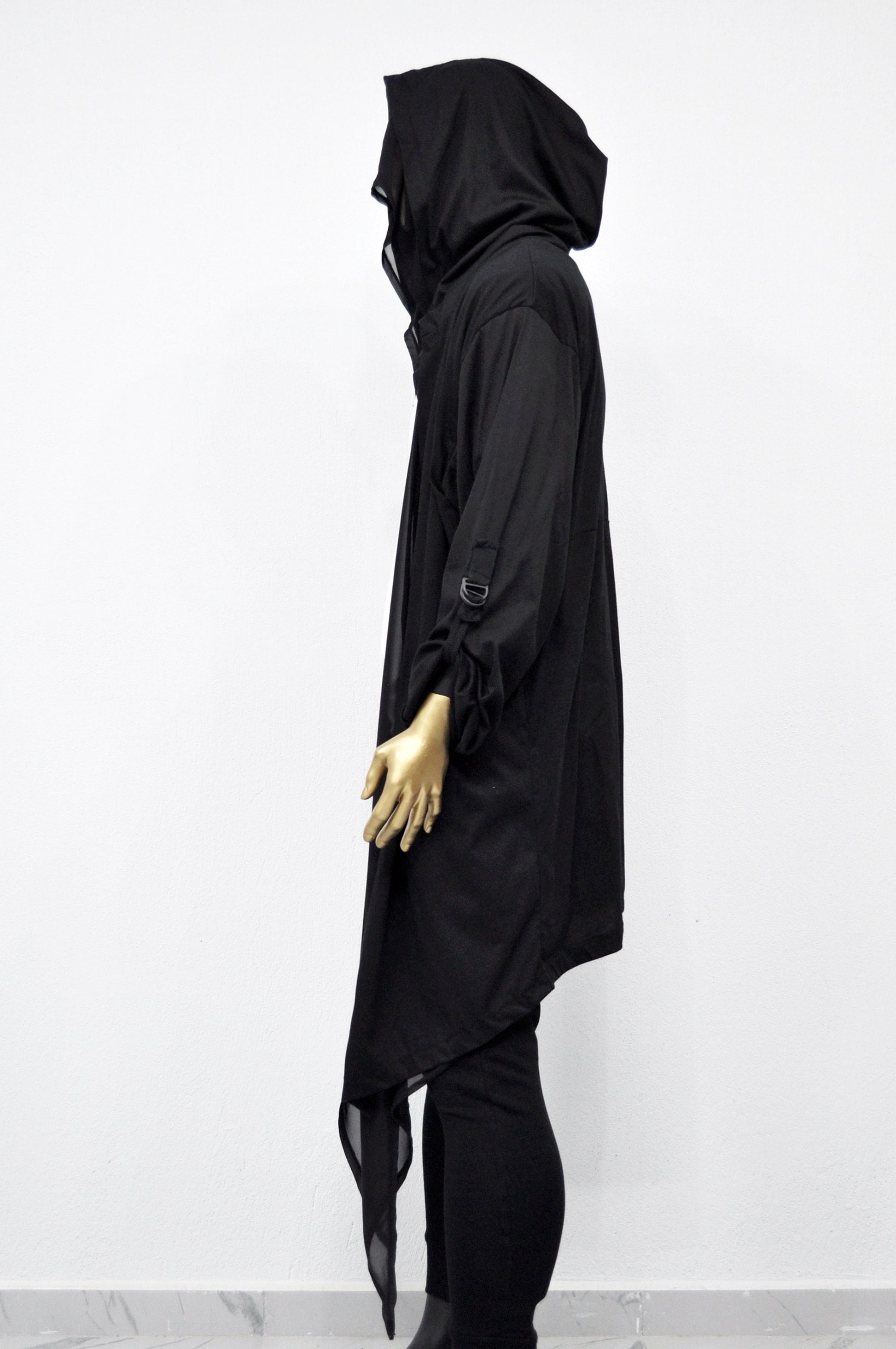XS-8XL Men's Loose Overlong Whimsigoth Mesh Cardigan, Roll-up Sleeve,Rope Long Oversize Hood, Asymmetrical,Cyberpunk, Futuristic- BB0137