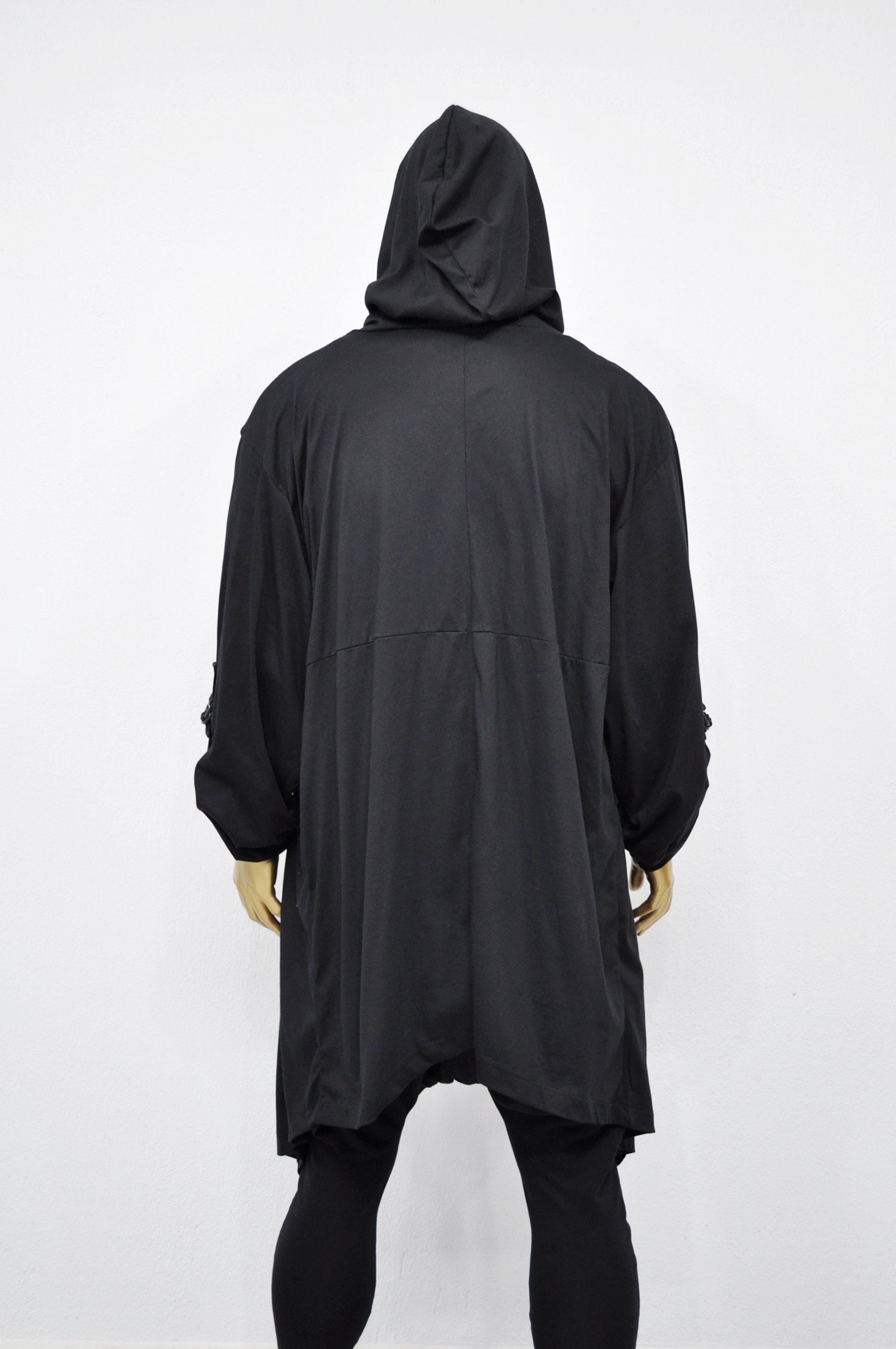 XS-8XL Men's Loose Overlong Whimsigoth Mesh Cardigan, Roll-up Sleeve,Rope Long Oversize Hood, Asymmetrical,Cyberpunk, Futuristic- BB0137