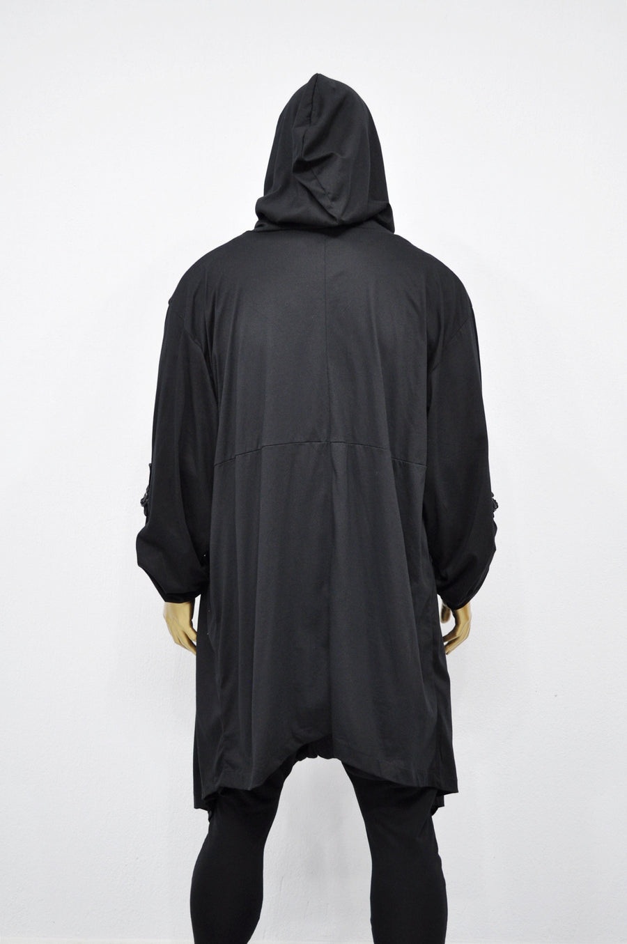 XS-8XL Men's Loose Overlong Whimsigoth Mesh Cardigan, Roll-up Sleeve,Rope Long Oversize Hood, Asymmetrical,Cyberpunk, Futuristic- BB0137