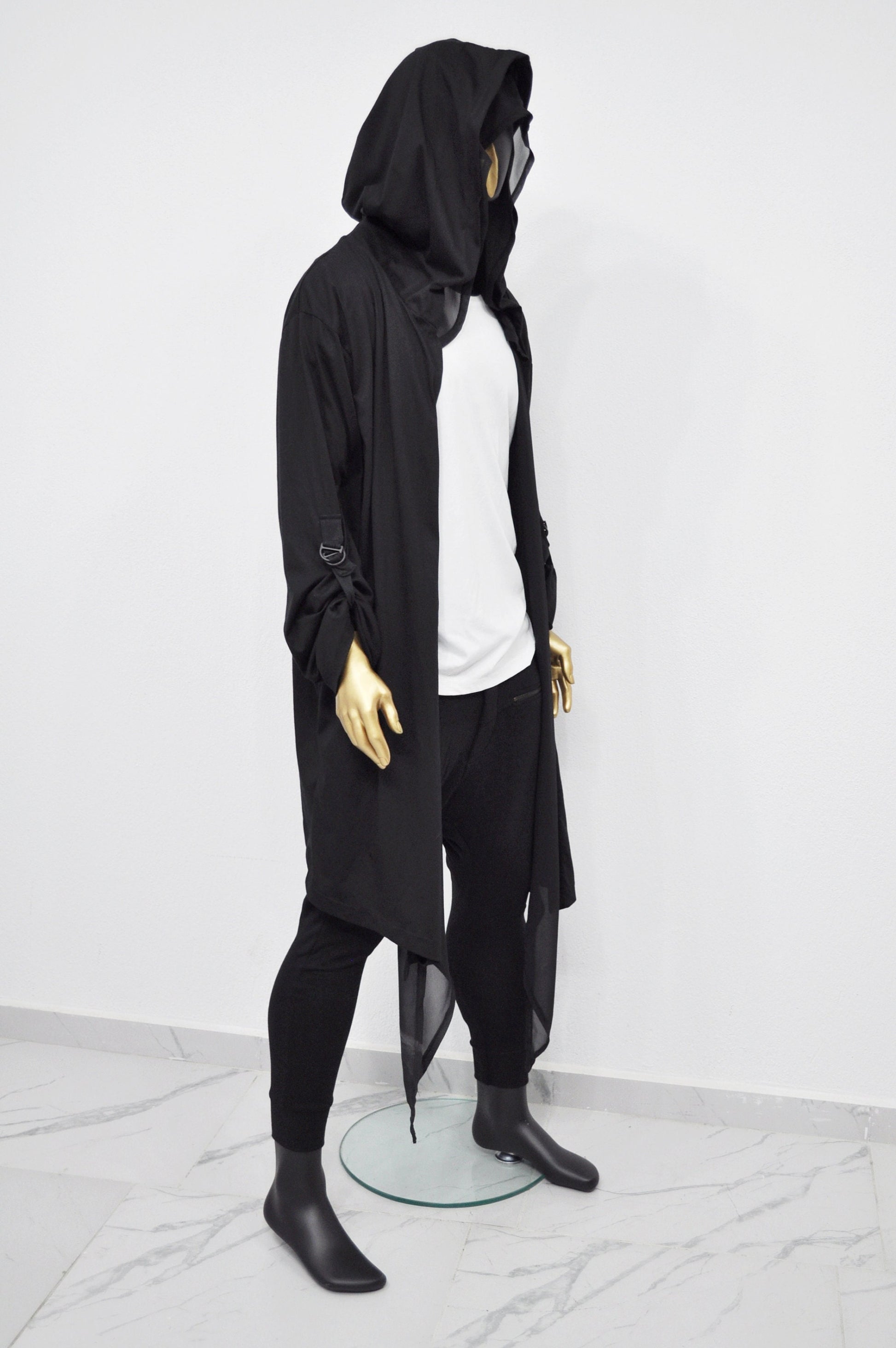 XS-8XL Men's Loose Overlong Whimsigoth Mesh Cardigan, Roll-up Sleeve,Rope Long Oversize Hood, Asymmetrical,Cyberpunk, Futuristic- BB0137