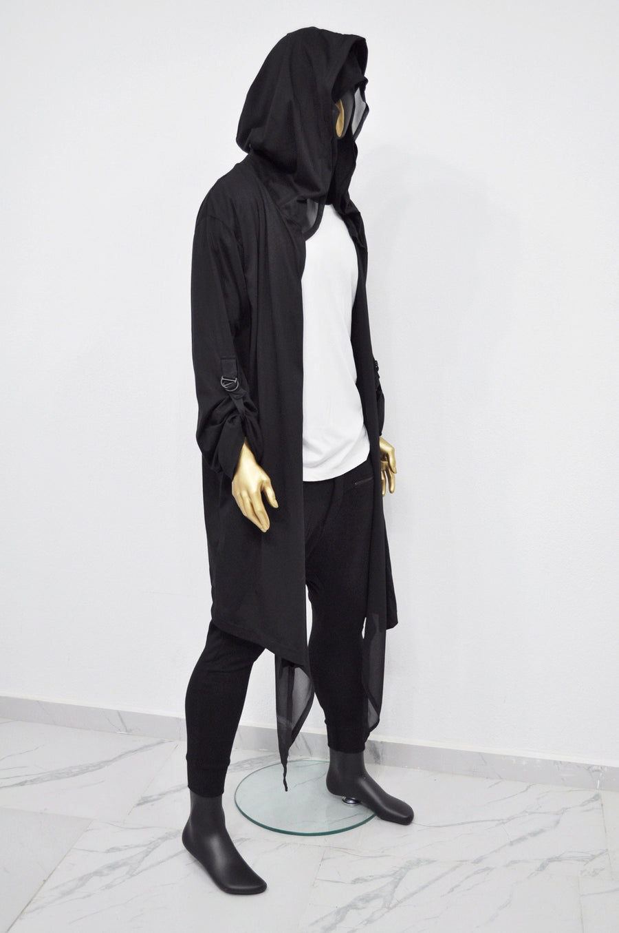 XS-8XL Men's Loose Overlong Whimsigoth Mesh Cardigan, Roll-up Sleeve,Rope Long Oversize Hood, Asymmetrical,Cyberpunk, Futuristic- BB0137