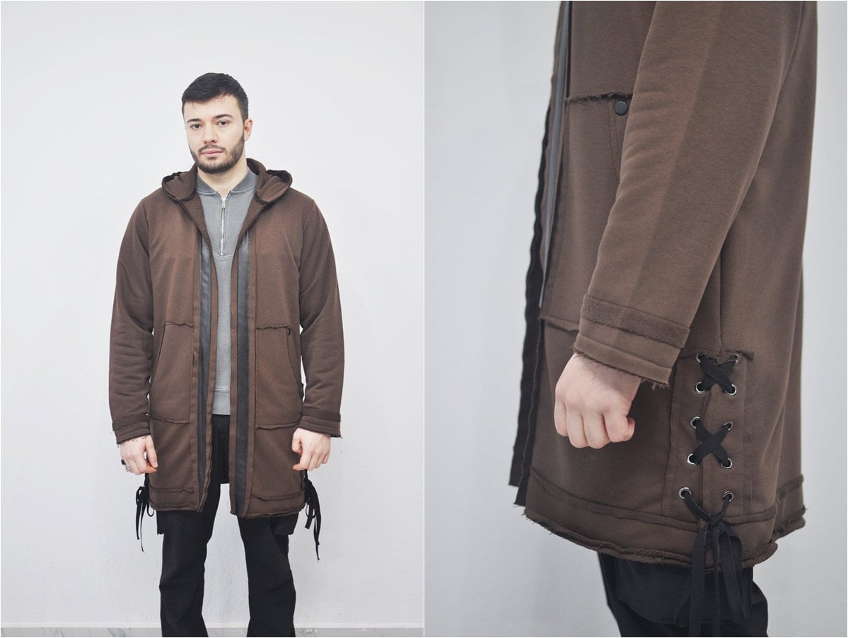 XS-8XL Oversized Hooded Loose Long Leather Stitched Edge Drawstring Tied Up Cardigan / Avantgarde-Dystopian Fashion Streetwear Cape- BB0143