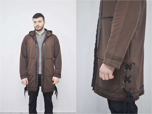 XS-8XL Oversized Hooded Loose Long Leather Stitched Edge Drawstring Tied Up Cardigan / Avantgarde-Dystopian Fashion Streetwear Cape- BB0143