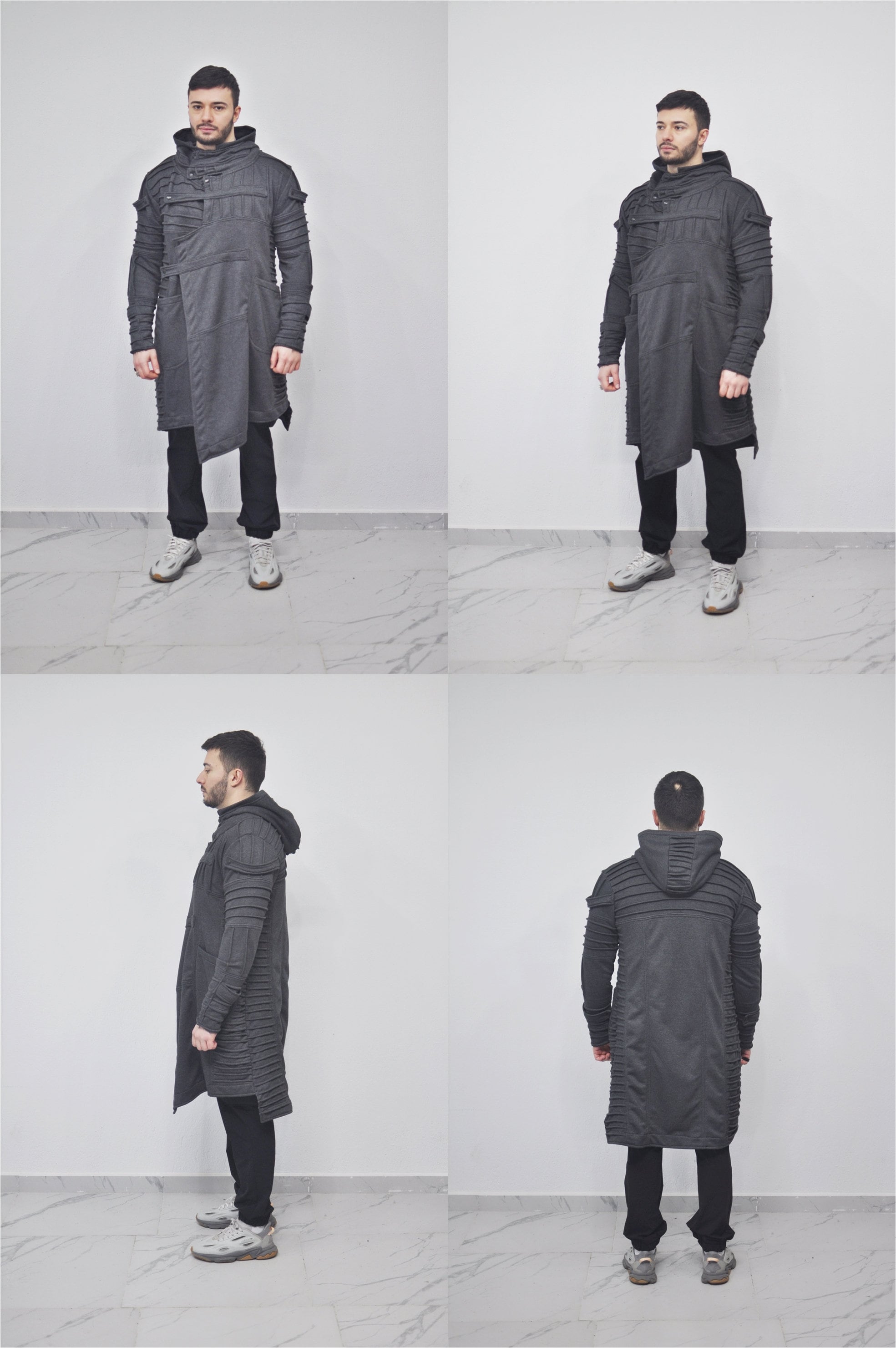 XS-8XL Men's Black Quilted Sleeves Cardigan Loose JACKET,Cyber Goth ,Long Asymmetric Cosplay, Futuristic- Post Apocalyptic Dystopian- BB0122