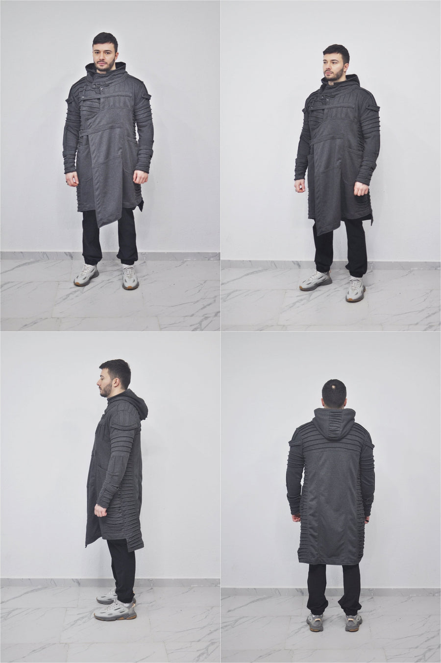 XS-8XL Men's Black Quilted Sleeves Cardigan Loose JACKET,Cyber Goth ,Long Asymmetric Cosplay, Futuristic- Post Apocalyptic Dystopian- BB0122