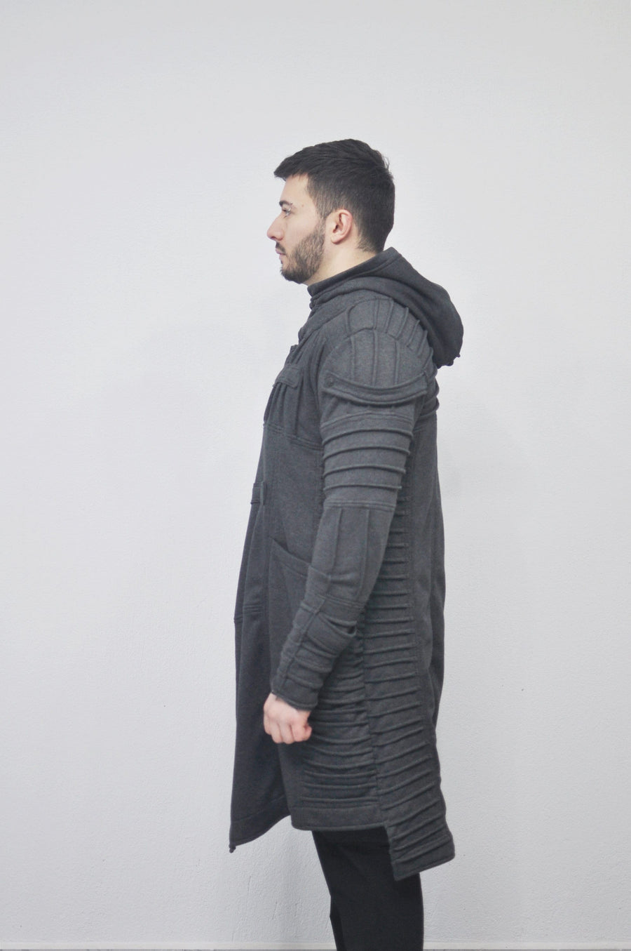 XS-8XL Men's Black Quilted Sleeves Cardigan Loose JACKET,Cyber Goth ,Long Asymmetric Cosplay, Futuristic- Post Apocalyptic Dystopian- BB0122