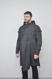 XS-8XL Men's Black Quilted Sleeves Cardigan Loose JACKET,Cyber Goth ,Long Asymmetric Cosplay, Futuristic- Post Apocalyptic Dystopian- BB0122