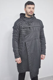 XS-8XL Men's Black Quilted Sleeves Cardigan Loose JACKET,Cyber Goth ,Long Asymmetric Cosplay, Futuristic- Post Apocalyptic Dystopian- BB0122