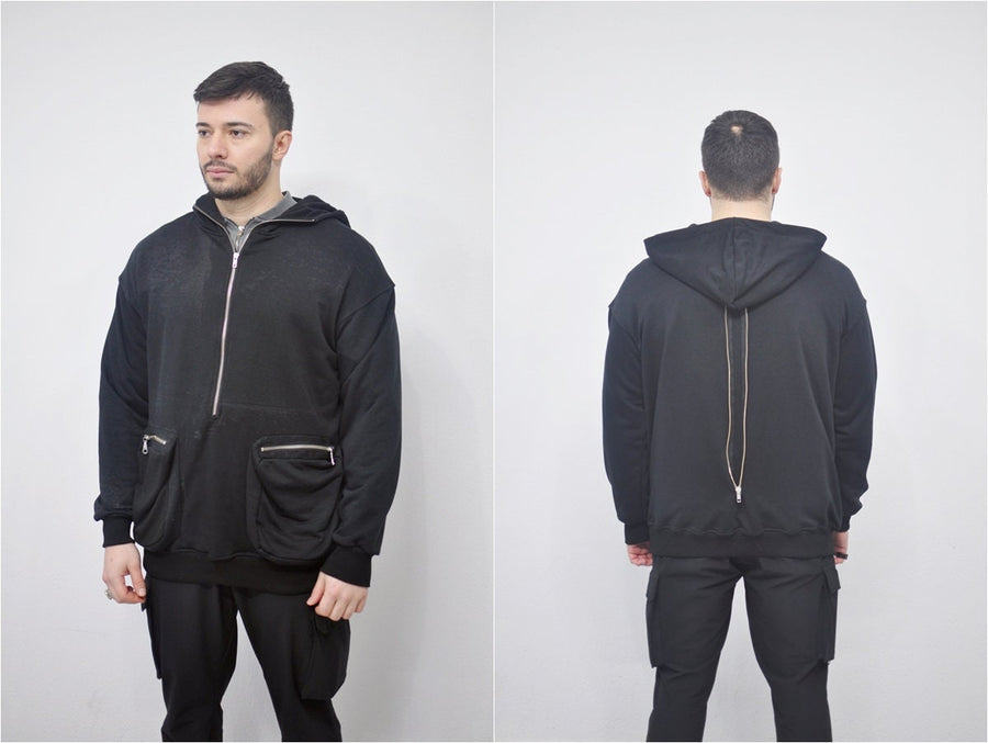 XS-8XL Men's Dropped Shoulder Boxyfit Quarter Zip Front Big Pokets , Oversized Pullover Sweatshirt Hoodie/ High Neck / Hunter- BB0126