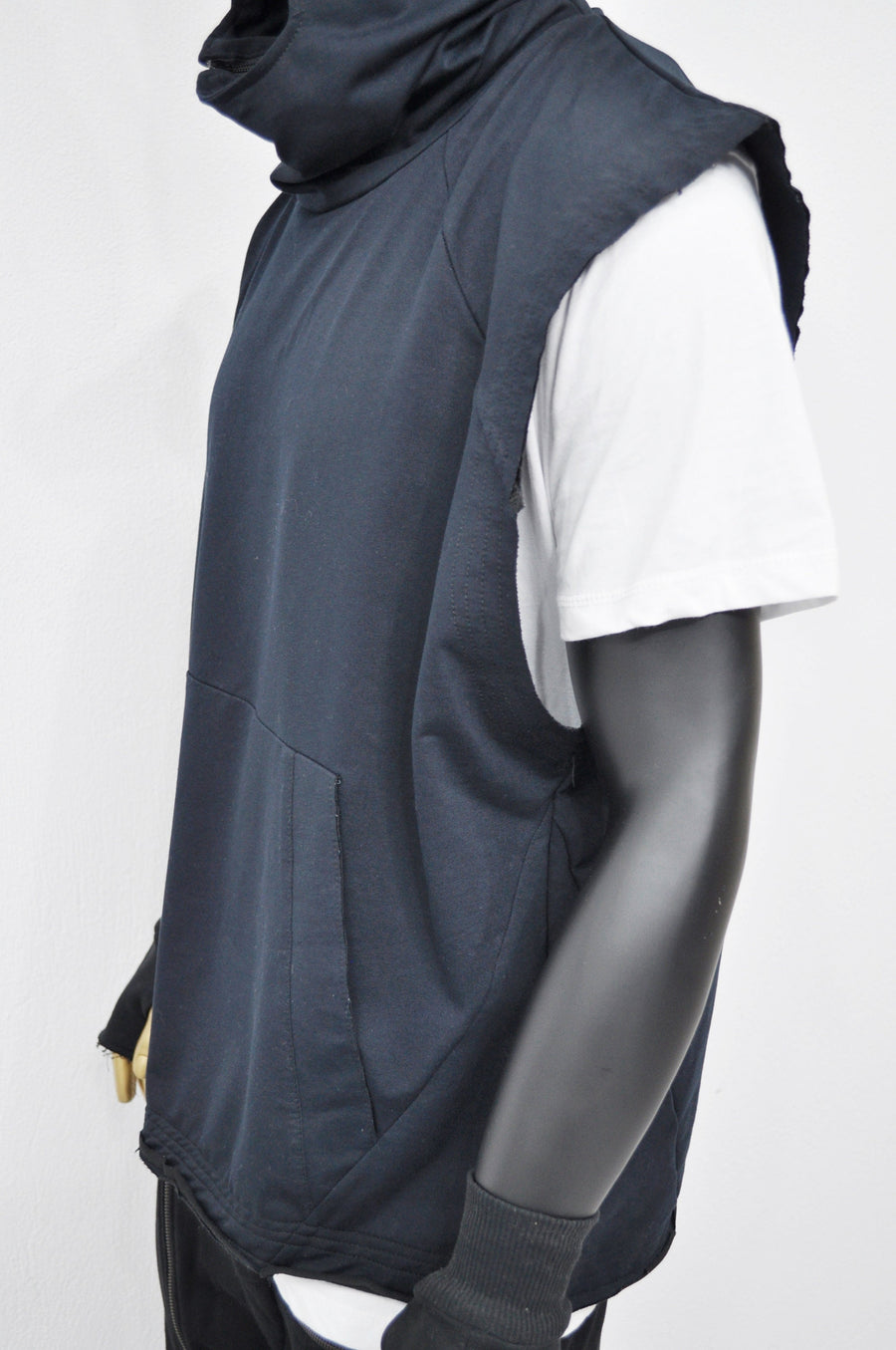 XS-8XL Men's Panel Hooded Tanktop, Raw Edges Adjusters Zip-up Hood and Collar,Streetwear Vest Hooded / Cyber Streetwear Assassin - BB0133