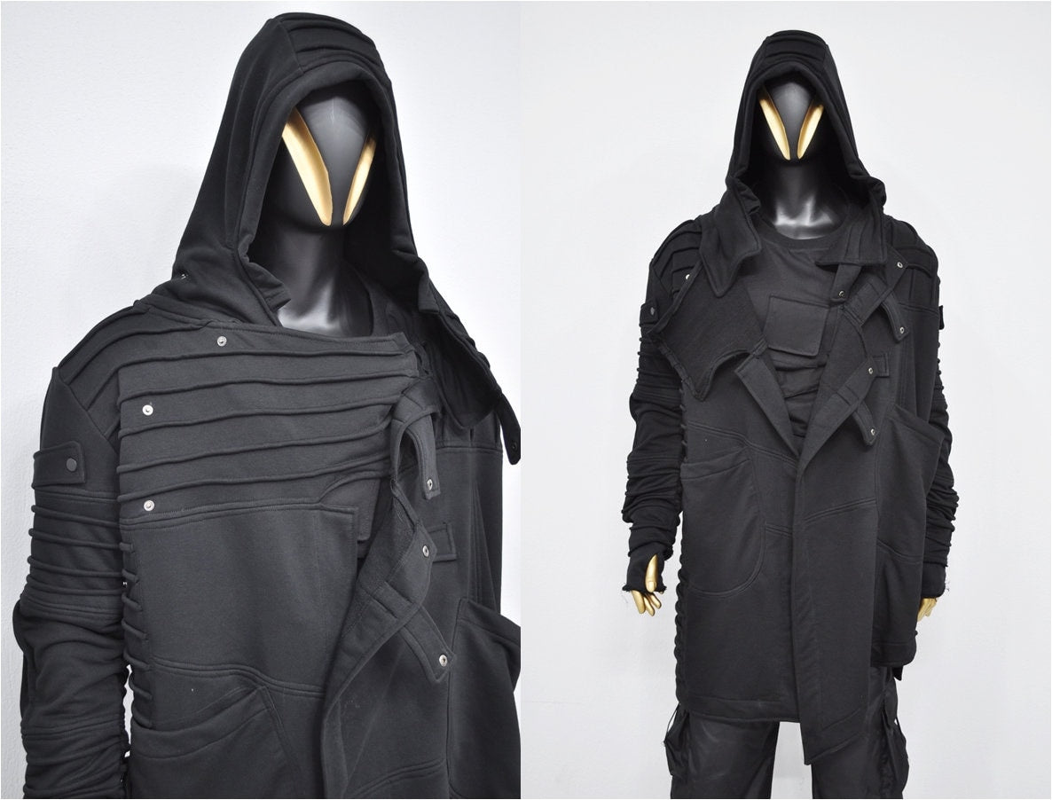 XS-8XL Men's Black Quilted Sleeves Cardigan Loose JACKET,Cyber Goth ,Long Asymmetric Cosplay, Futuristic- Post Apocalyptic Dystopian- BB0122