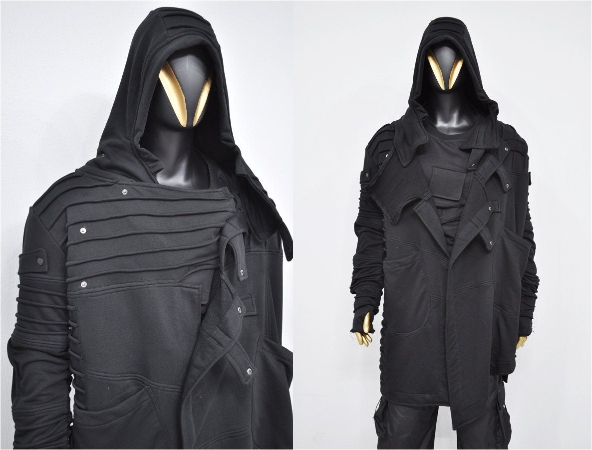 XS-8XL Men's Black Quilted Sleeves Cardigan Loose JACKET,Cyber Goth ,Long Asymmetric Cosplay, Futuristic- Post Apocalyptic Dystopian- BB0122