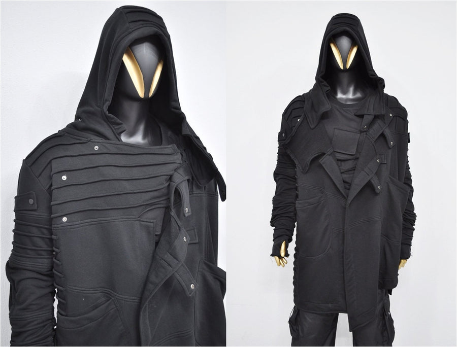 XS-8XL Men's Black Quilted Sleeves Cardigan Loose JACKET,Cyber Goth ,Long Asymmetric Cosplay, Futuristic- Post Apocalyptic Dystopian- BB0122