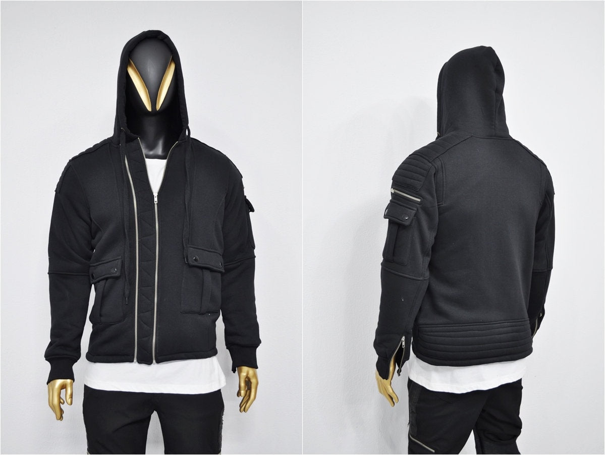 XS-8XL Men's Black Techwear Tactical Moto JACKET ,Quilted Zip Padded Multi-Functional,Cyber SteamPunk-Post Apocalyptic Dystopian- BB047