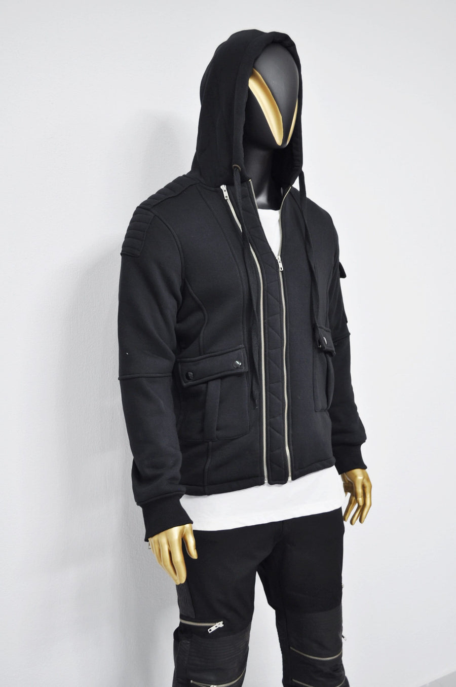 XS-8XL Men's Black Techwear Tactical Moto JACKET ,Quilted Zip Padded Multi-Functional,Cyber SteamPunk-Post Apocalyptic Dystopian- BB047
