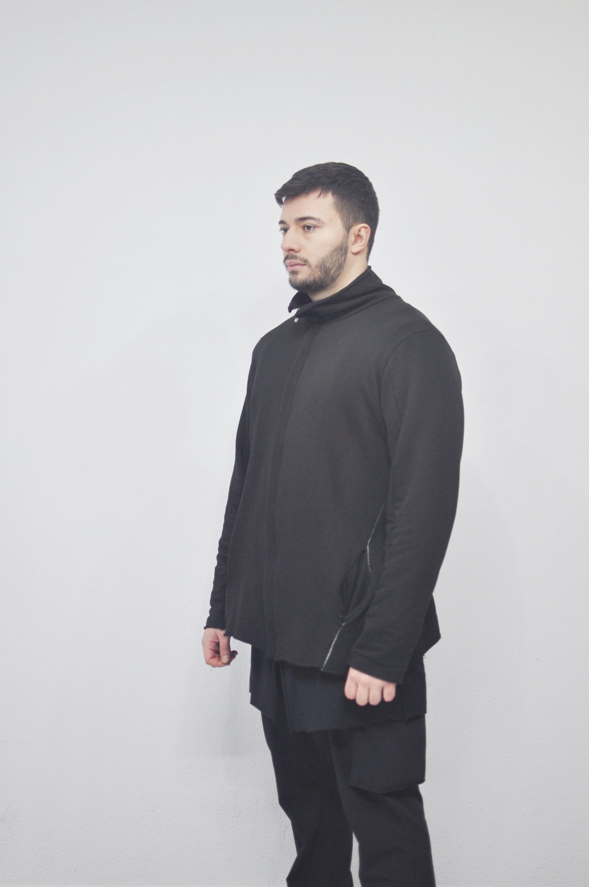 XS-8XL DISTORTION HOODIE, Contrast Stitching Black Sweatshirt,Cotton Fleece Construction, Asymmetric paneling,High-neck,Long sleeves- BB0103