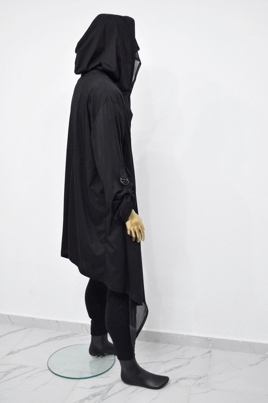 XS-8XL Men's Loose Overlong Whimsigoth Mesh Cardigan, Roll-up Sleeve,Rope Long Oversize Hood, Asymmetrical,Cyberpunk, Futuristic- BB0137