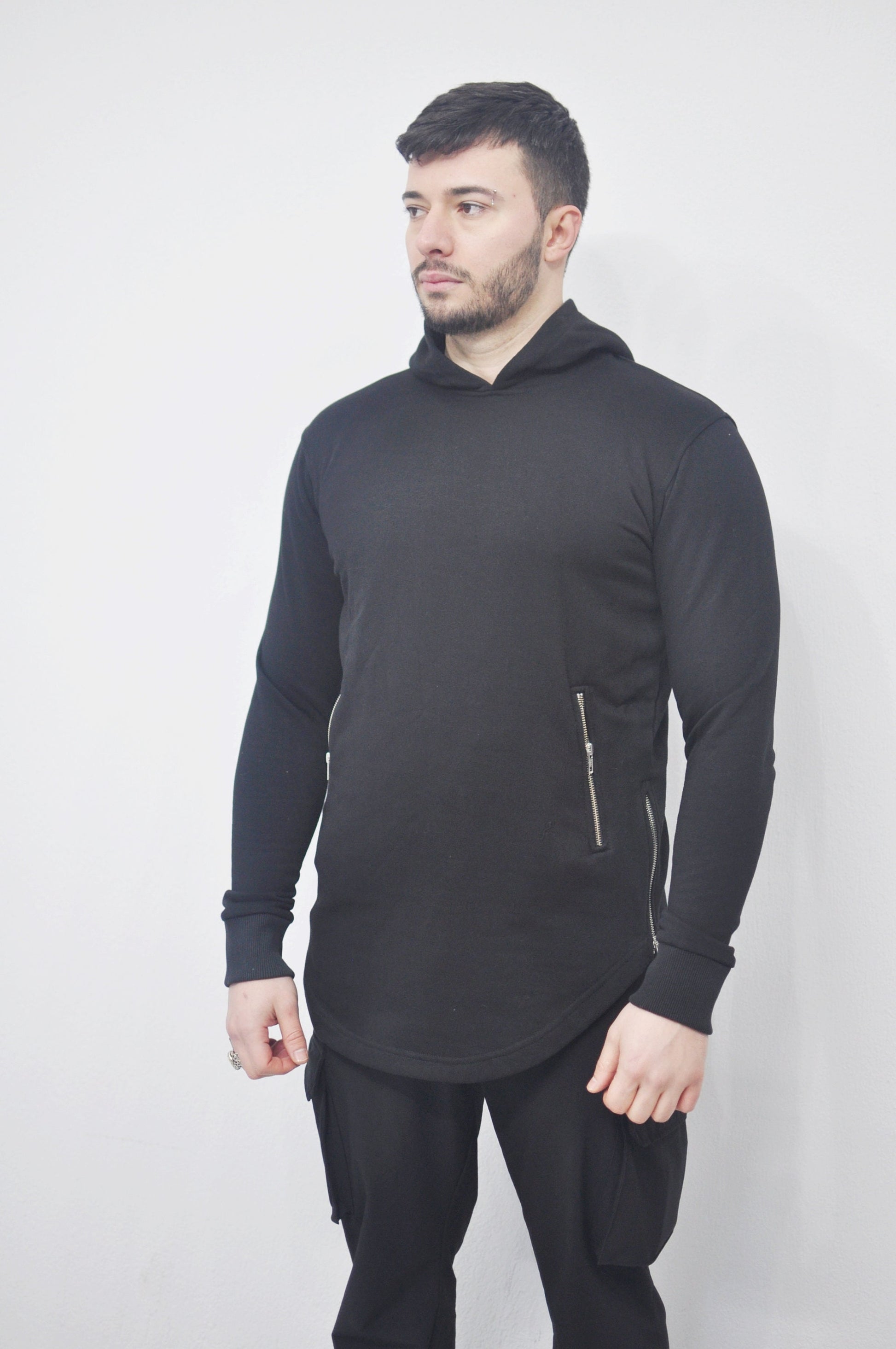 XS - 8XL Men's Asymmetric Zip-up Sides and Pockets Curved Hem Hooded Fitted HoodieTop,Steampunk Cyberpunk Gothic,Fleece Streetwear-BB0145