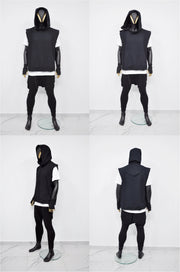 XS-8XL Men's Panel Hooded Tanktop, Raw Edges Adjusters Zip-up Hood and Collar,Streetwear Vest Hooded / Cyber Streetwear Assassin - BB0133