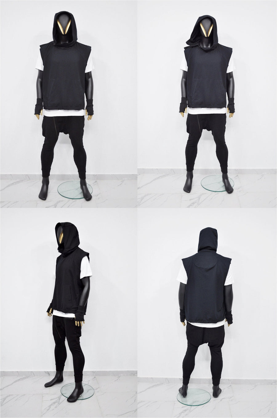 XS-8XL Men's Panel Hooded Tanktop, Raw Edges Adjusters Zip-up Hood and Collar,Streetwear Vest Hooded / Cyber Streetwear Assassin - BB0133