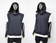XS-8XL Men's Panel Hooded Tanktop, Raw Edges Adjusters Zip-up Hood and Collar,Streetwear Vest Hooded / Cyber Streetwear Assassin - BB0133