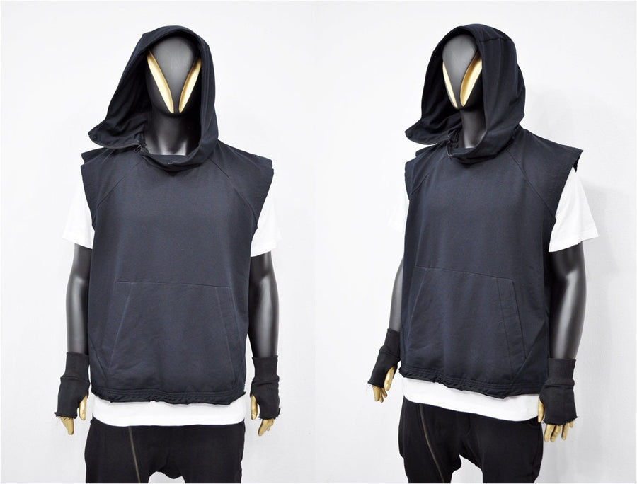 XS-8XL Men's Panel Hooded Tanktop, Raw Edges Adjusters Zip-up Hood and Collar,Streetwear Vest Hooded / Cyber Streetwear Assassin - BB0133