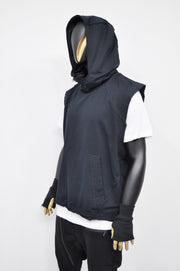 XS-8XL Men's Panel Hooded Tanktop, Raw Edges Adjusters Zip-up Hood and Collar,Streetwear Vest Hooded / Cyber Streetwear Assassin - BB0133