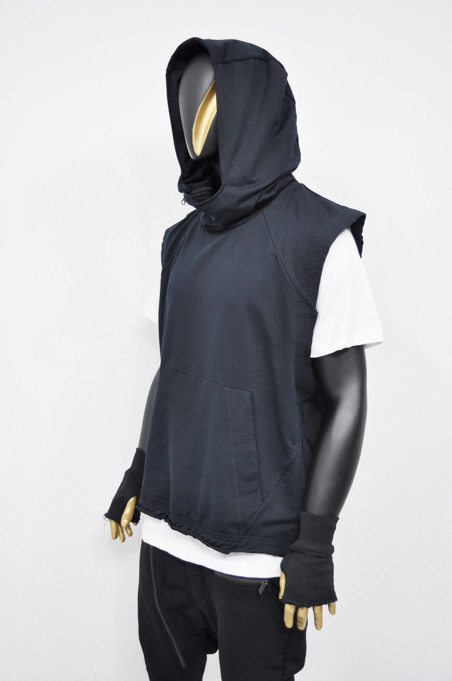 XS-8XL Men's Panel Hooded Tanktop, Raw Edges Adjusters Zip-up Hood and Collar,Streetwear Vest Hooded / Cyber Streetwear Assassin - BB0133