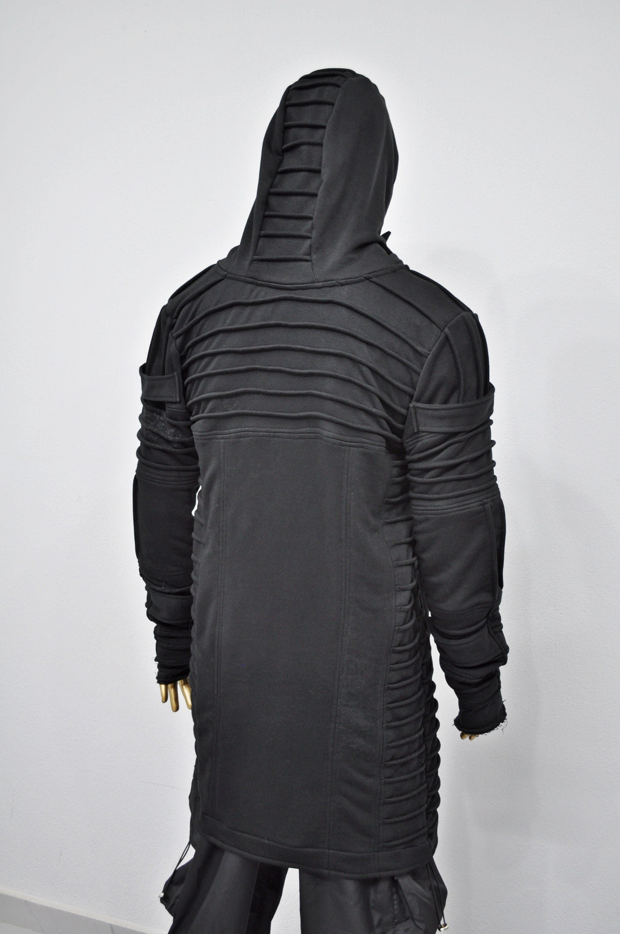 XS-8XL Men's Black Quilted Sleeves Cardigan Loose JACKET,Cyber Goth ,Long Asymmetric Cosplay, Futuristic- Post Apocalyptic Dystopian- BB0122
