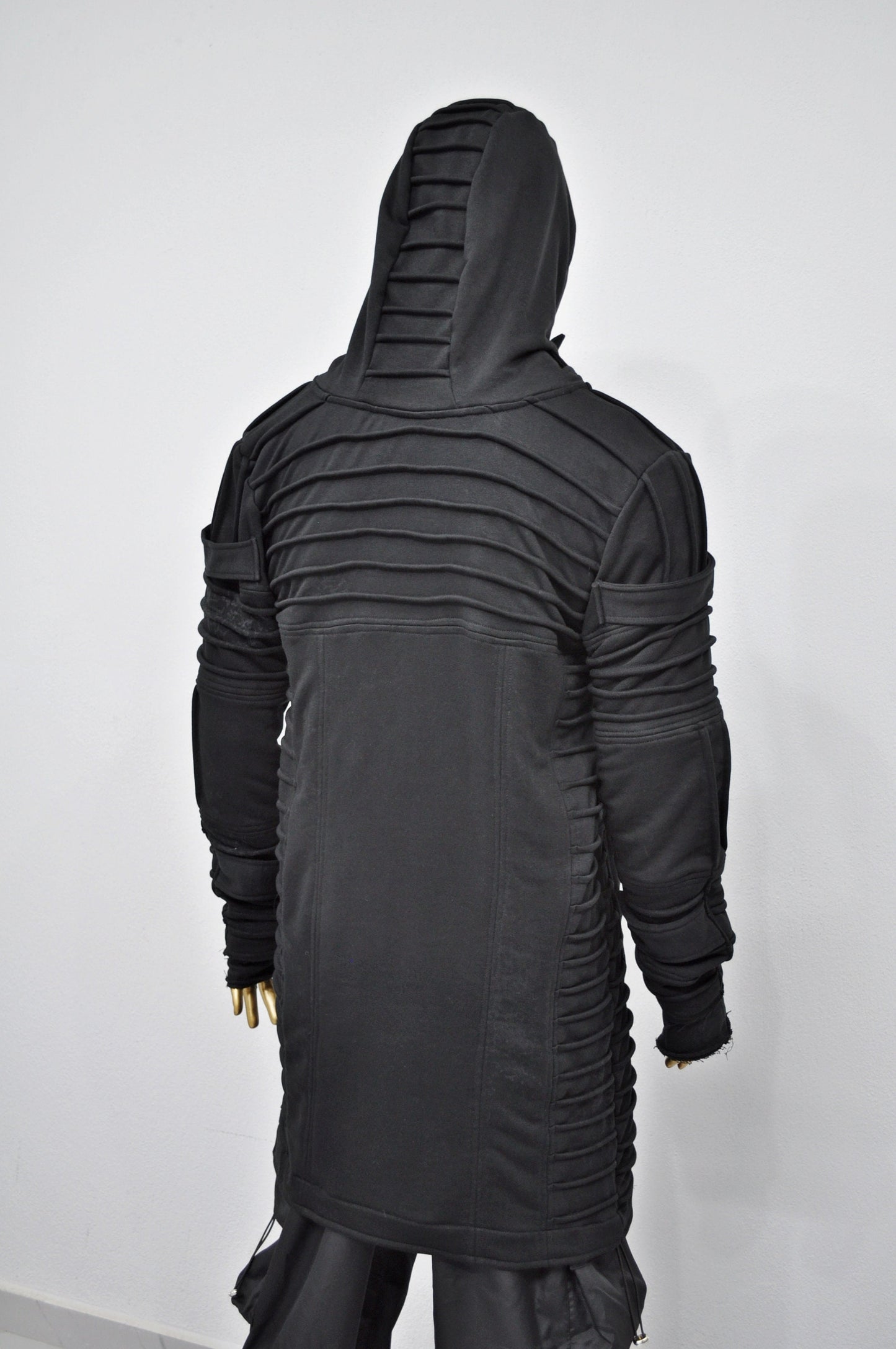 XS-8XL Men's Black Quilted Sleeves Cardigan Loose JACKET,Cyber Goth ,Long Asymmetric Cosplay, Futuristic- Post Apocalyptic Dystopian- BB0122