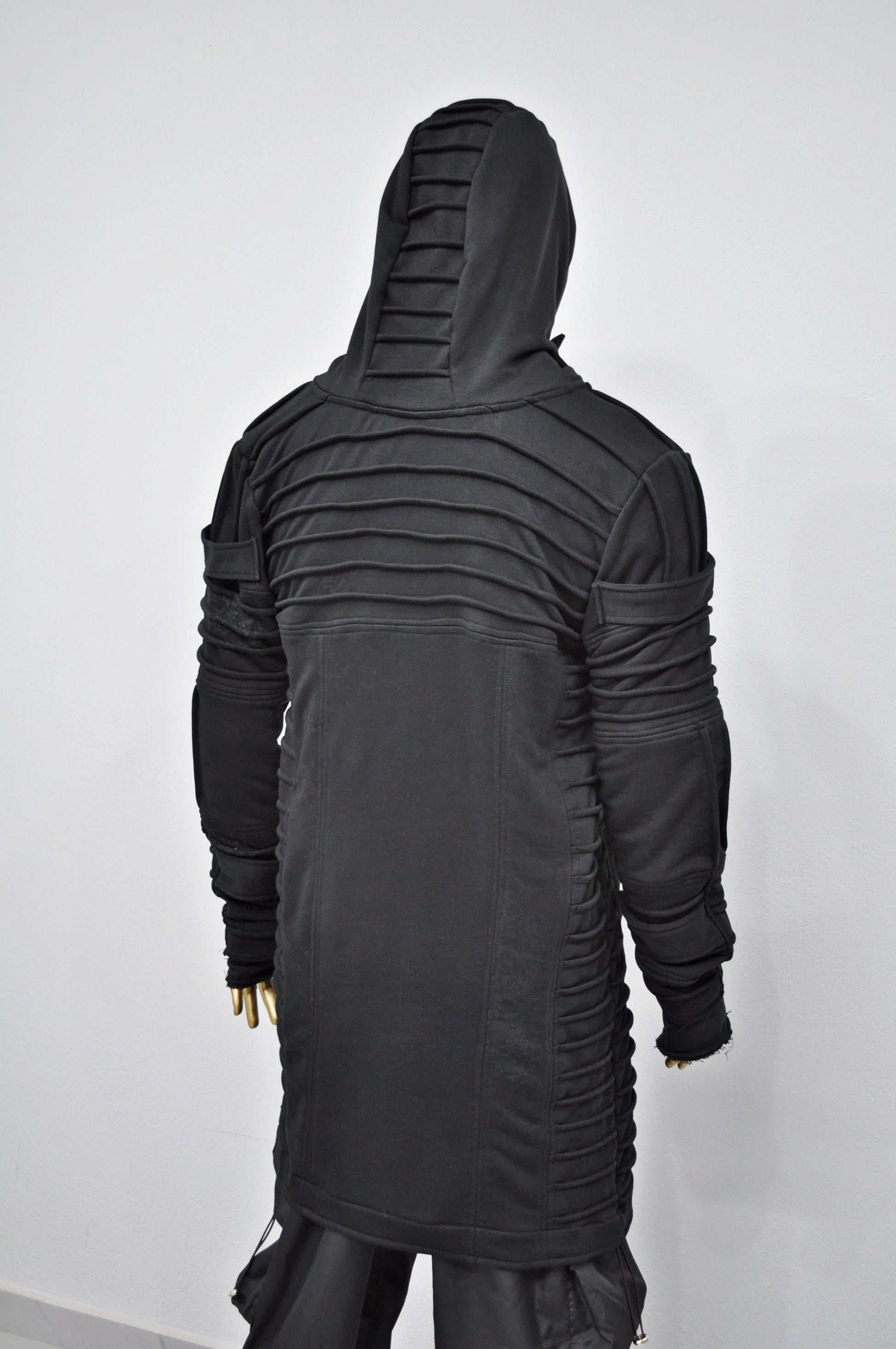 XS-8XL Men's Black Quilted Sleeves Cardigan Loose JACKET,Cyber Goth ,Long Asymmetric Cosplay, Futuristic- Post Apocalyptic Dystopian- BB0122