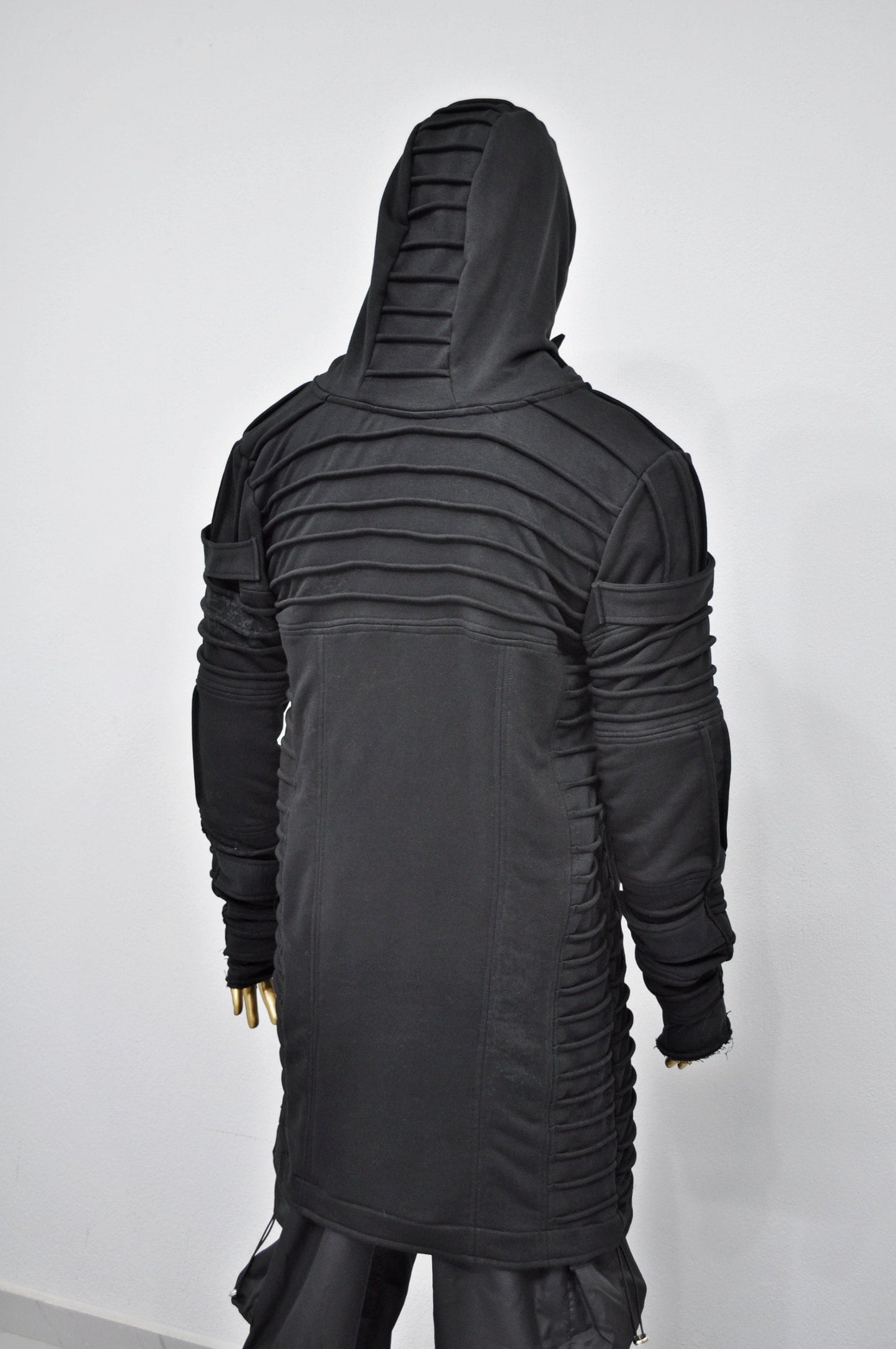 XS-8XL Men's Black Quilted Sleeves Cardigan Loose JACKET,Cyber Goth ,Long Asymmetric Cosplay, Futuristic- Post Apocalyptic Dystopian- BB0122