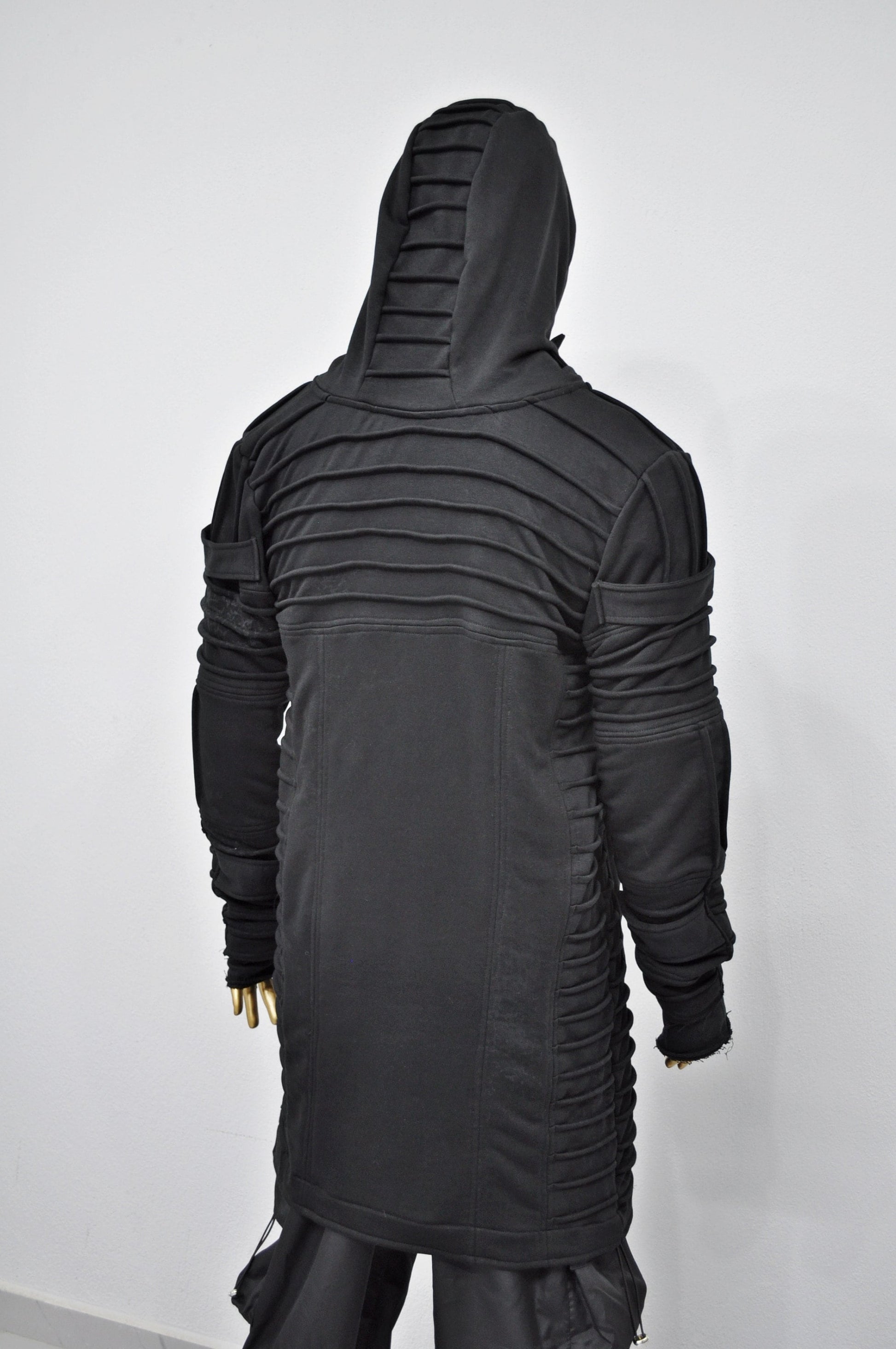XS-8XL Men's Black Quilted Sleeves Cardigan Loose JACKET,Cyber Goth ,Long Asymmetric Cosplay, Futuristic- Post Apocalyptic Dystopian- BB0122