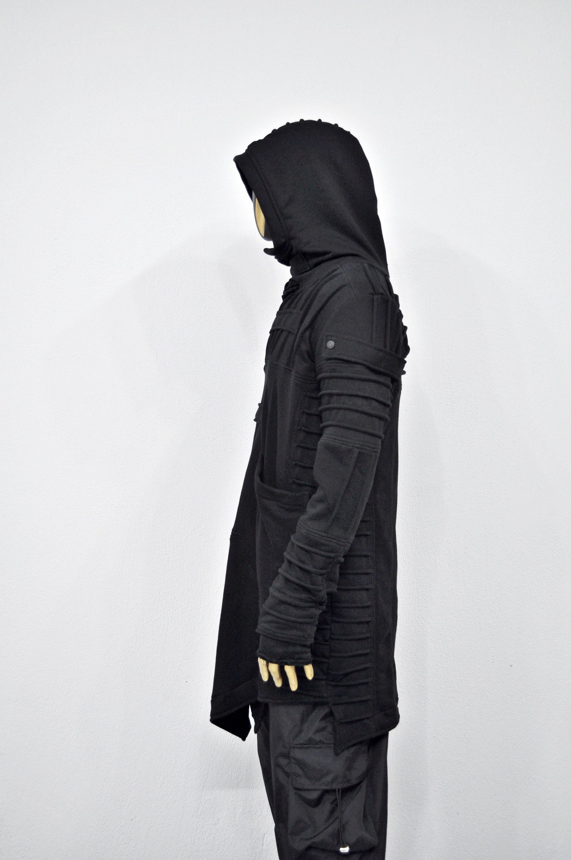 XS-8XL Men's Black Quilted Sleeves Cardigan Loose JACKET,Cyber Goth ,Long Asymmetric Cosplay, Futuristic- Post Apocalyptic Dystopian- BB0122
