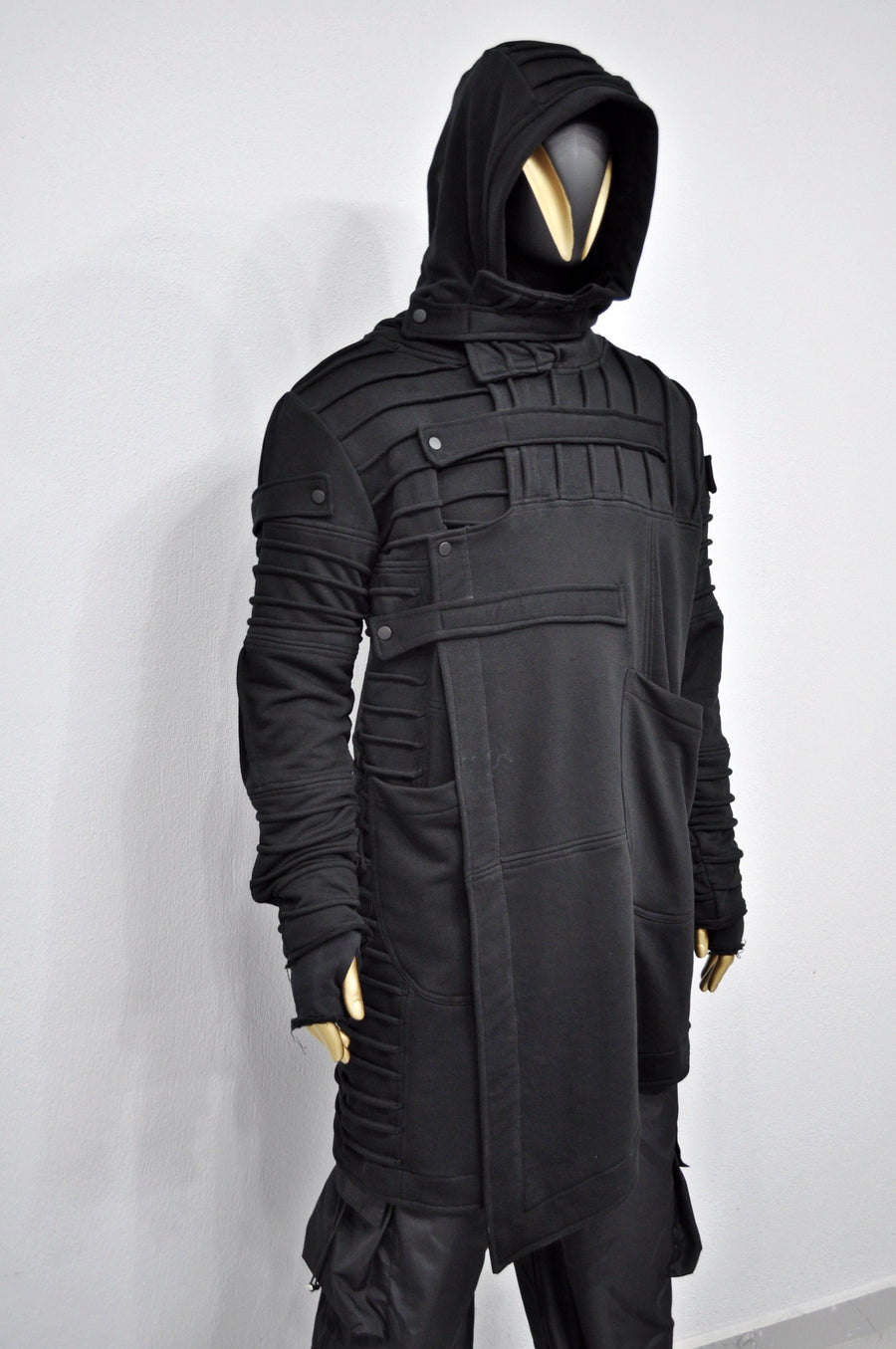 XS-8XL Men's Black Quilted Sleeves Cardigan Loose JACKET,Cyber Goth ,Long Asymmetric Cosplay, Futuristic- Post Apocalyptic Dystopian- BB0122