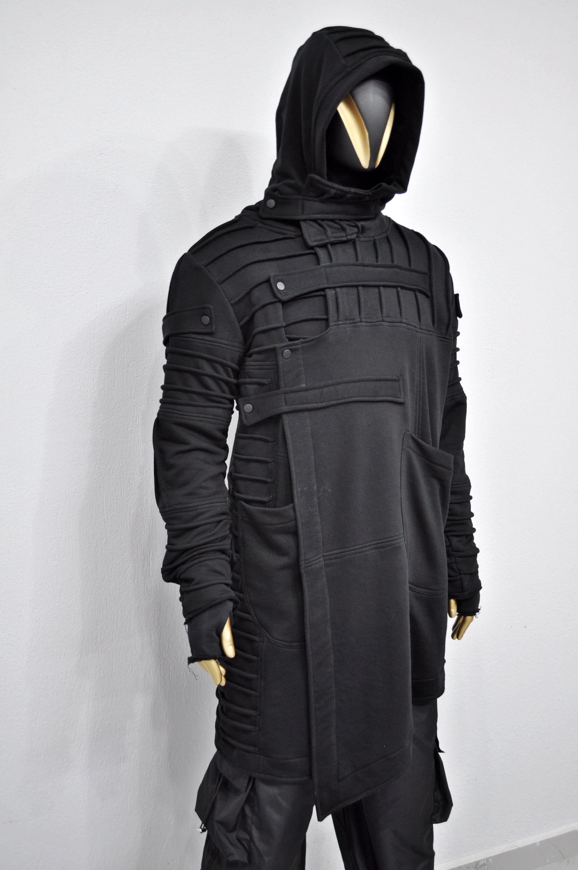 XS-8XL Men's Black Quilted Sleeves Cardigan Loose JACKET,Cyber Goth ,Long Asymmetric Cosplay, Futuristic- Post Apocalyptic Dystopian- BB0122