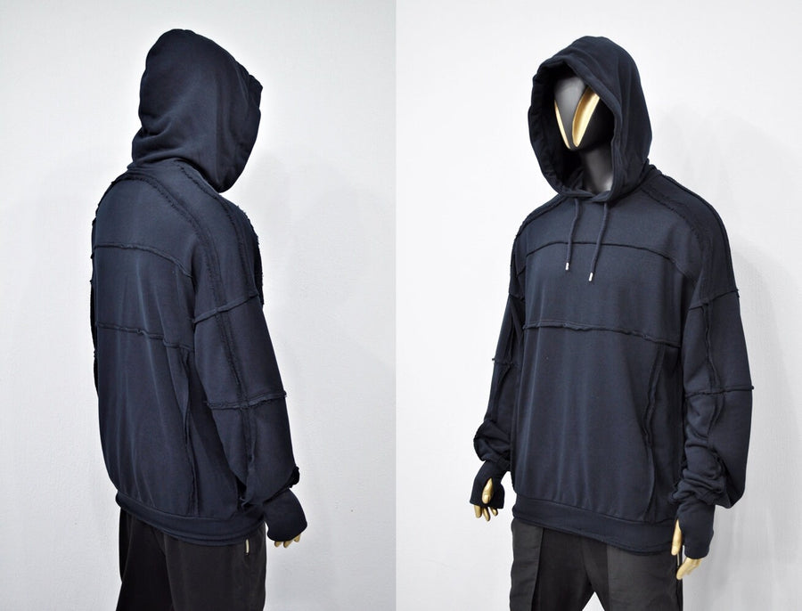 XS-8XL Men's Navy Techwear Thumb Hole Quilted Jumper Hoodie,Biker Drop Shoulder,Pintuck Ribbing Pullover,Cyber SteamPunk,Futuristic-BB285ÜST