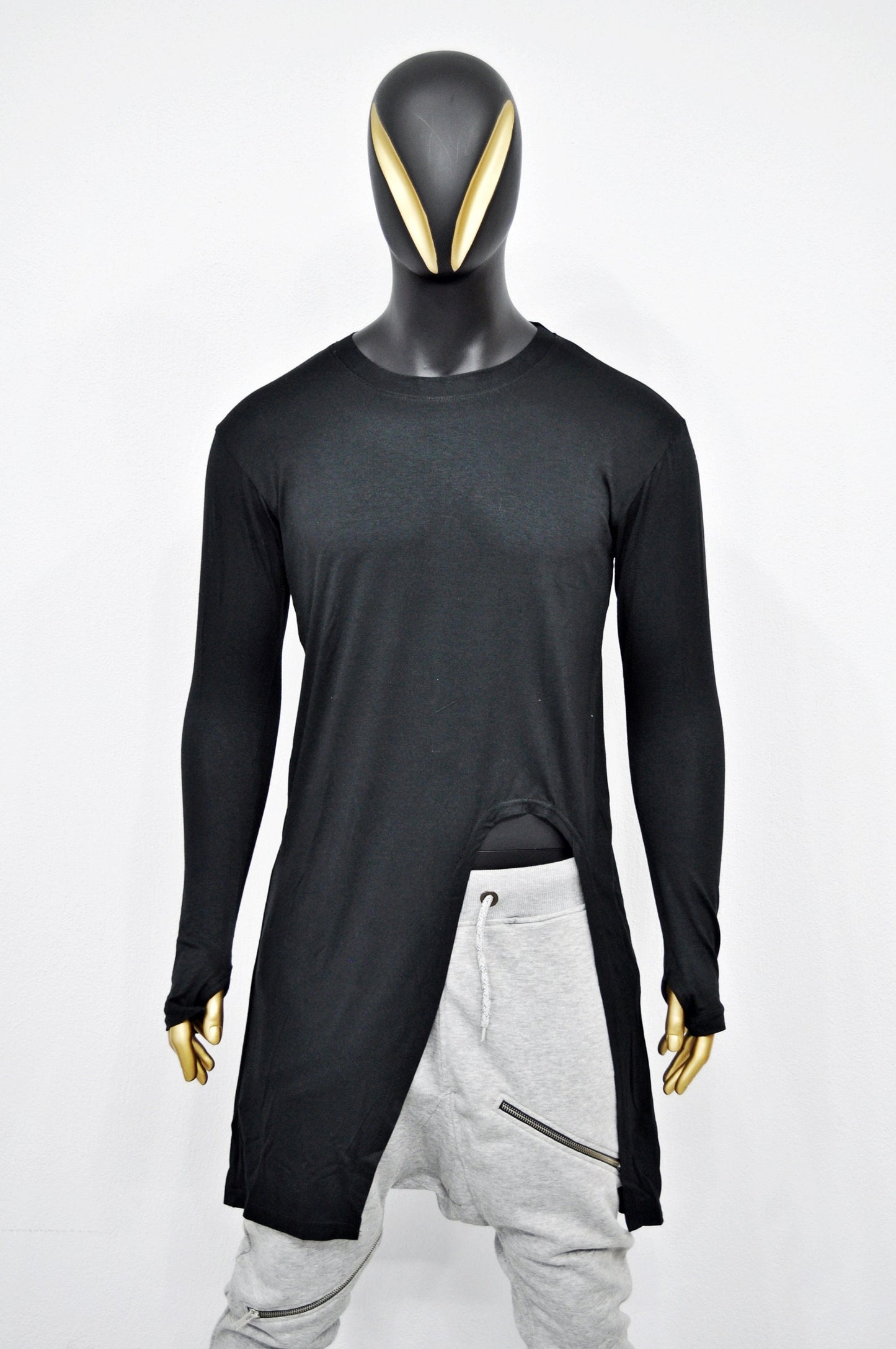 XS-8XL Long Sleeve Viscose Cotton Asymmetrical Cut,Round Neck LongTuxedo Tail Tshirt,Overlong Loose,Irregular,Streetwear Extended-BB418